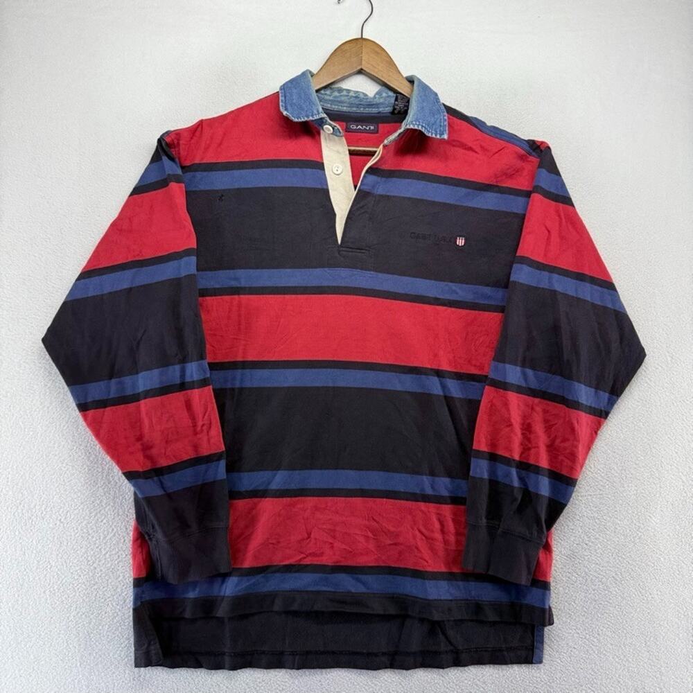 GANT Men’s Red & Navy Striped Rugby Shirt with Denim Collar